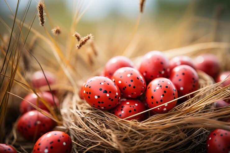 Photo le fond de pâques avec des œufs tachetés sur l'herbe