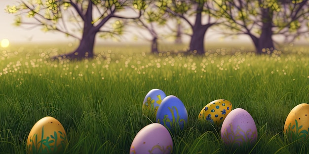 Fond de Pâques avec Pâques décorées sur un pré vert au printemps Concept pour la bannière de vacances de Pâques