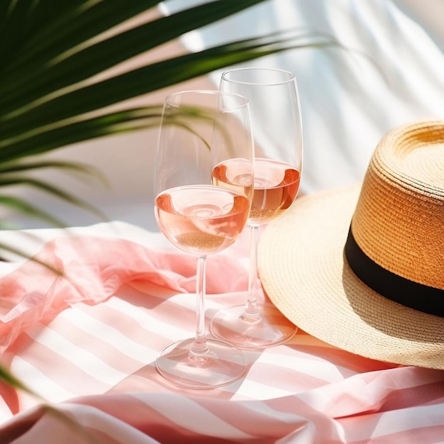 Photo fond pastel d'été avec chapeau de soleil couleur verres de vin bouteille de vin rose sur des rayures serviette de plage comme