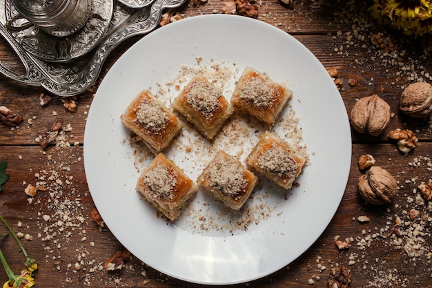 Fond de pâtisserie alimentaire. Concept traditionnel turc de dessert et de thé de baklava