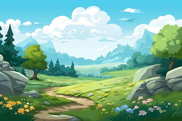 fond de paysage de dessin animé avec de l'herbe, des arbres, des fleurs et des rochers