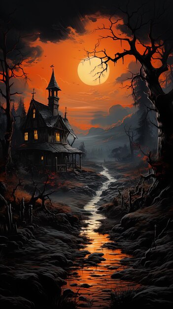 Fond de paysage effrayant de nuit fantastique pour l'art génératif Halloween Ai