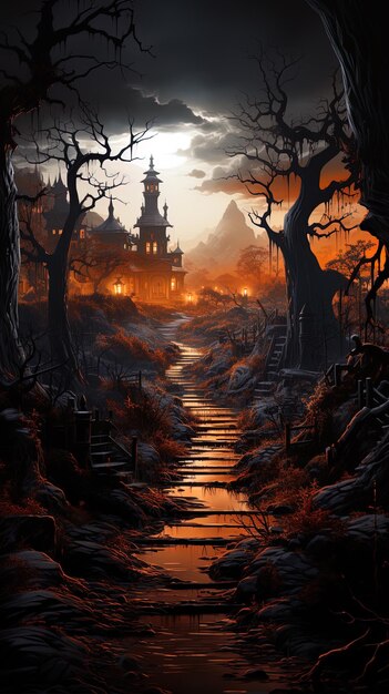 Fond de paysage effrayant de nuit fantastique pour l'art génératif Halloween Ai