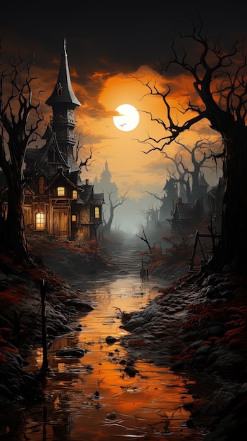 Fond de paysage effrayant de nuit fantastique pour l'art génératif Halloween Ai