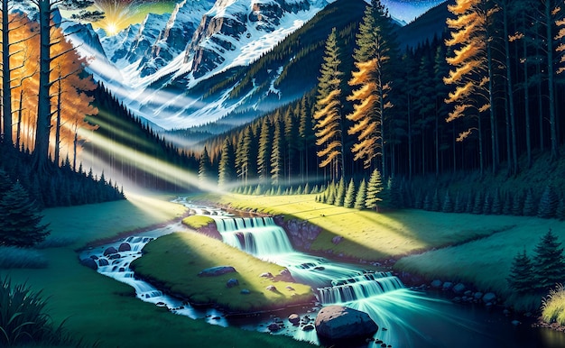 Fond de paysage fantastique AI générative pour illustrations peintures art mural livres pour enfants contes de fées AI générative