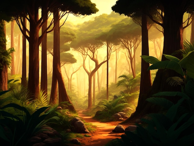 Fond de paysage forestier africain vectoriel avec une piste de randonnée et de nombreux arbres