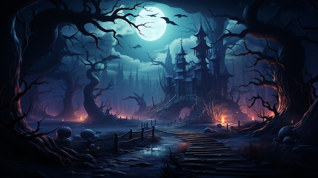 Fond de paysage d'Halloween avec un château hanté ciel nocturne forêt fantastique au clair de lune IA générative