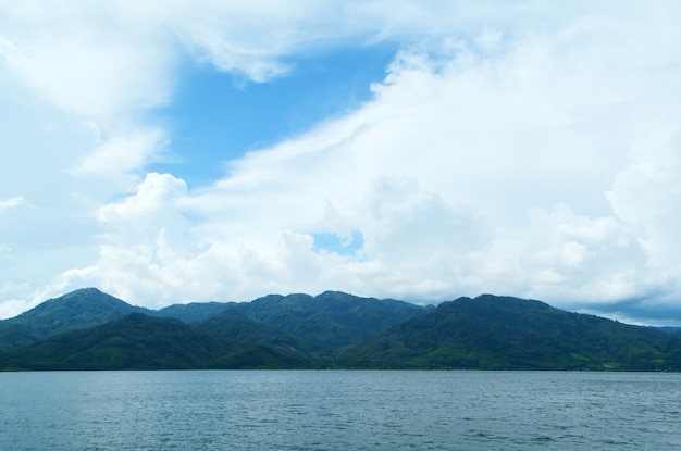 fond de paysage de montagne avec un ciel bleu et de l&#39;eau douce