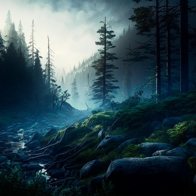 Fond de paysage de mystère de brouillard de forêt