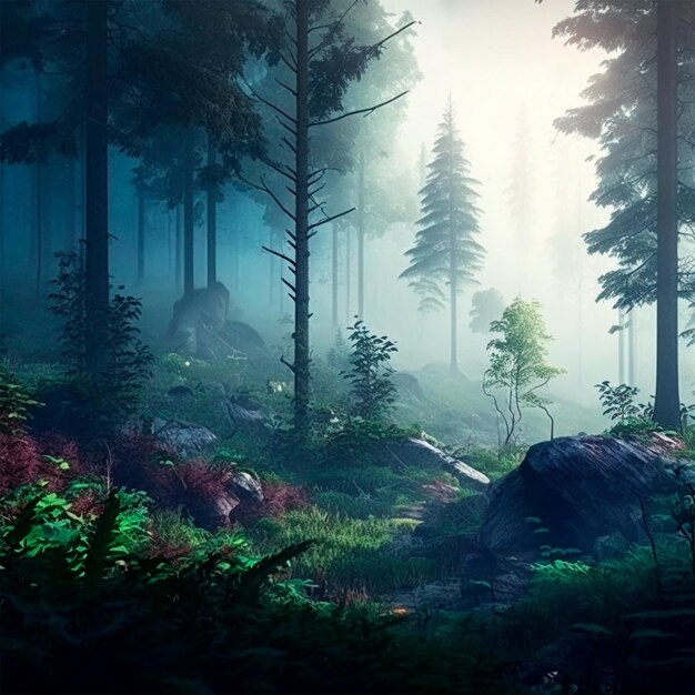 Fond de paysage de mystère de brouillard de forêt