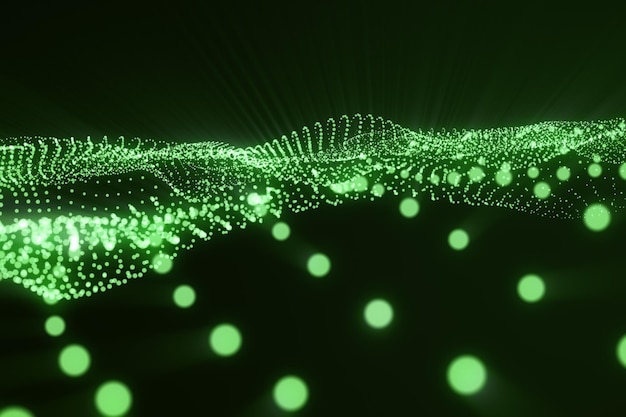Fond de paysage de rendu 3d Grille de paysage du cyberespace Technologie 3d Paysage vert abstrait sur fond noir avec des rayons lumineux