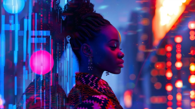 Sur un fond de paysages urbains futuristes et de lumières au néon, une femme noire se tient audacieusement dans un audacieux