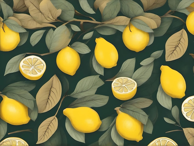 Fond peint floral d'automne vintage avec des citrons entiers et des feuilles dans un style de papier découpé avec une palette de couleurs vintage générée par l'IA générative