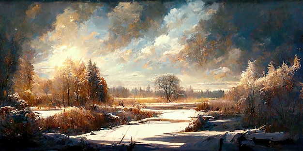 Fond de peinture de paysage d'hiver. Aménagement paysager d'hiver. Illustration numérique. Peinture