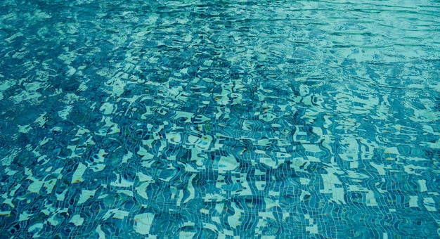 Fond de piscine avec ondulation et débit avec fond de vagues Réflexion eau de vague bleue de la pluie sur la piscine extérieure Texture de la surface de l'eau Concept pour fond d'été