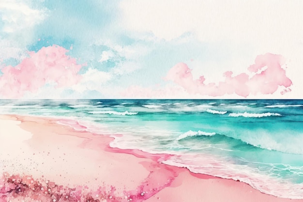 Fond de plage de mer réaliste dans le ton de couleur pastel rose de style aquarelle