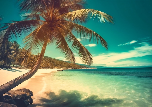 Un fond de plage avec un palmier et un océan
