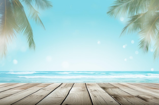 Fond de plage avec table en bois mer et palmiers fond d'été dans le style bokeh AI