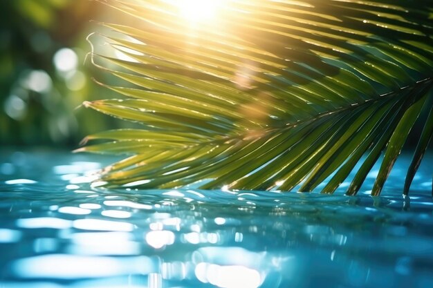 Fond de plage tropicale d'été avec des feuilles de palmier et des reflets d'eau étincelante AI générative