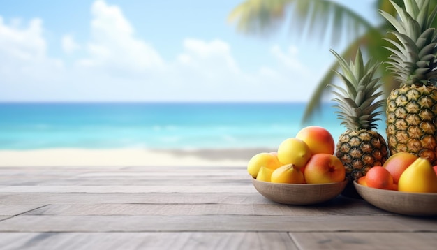 Fond de plage tropicale avec palmiers et fruits exotiques