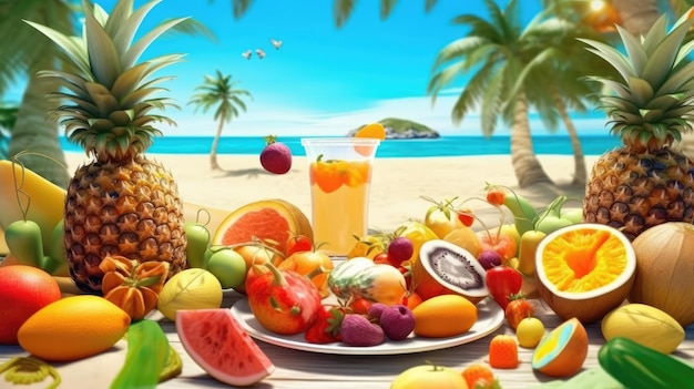 Fond de plage tropicale avec palmiers et fruits exotiques
