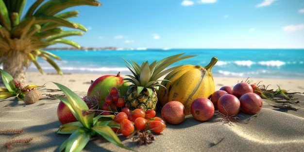 Fond de plage tropicale avec palmiers et fruits exotiques