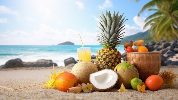 Fond de plage tropicale avec palmiers et fruits exotiques