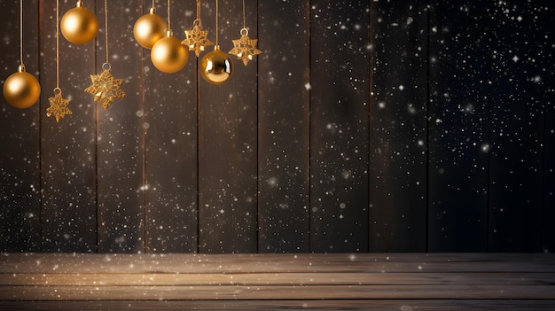 Fond de planches de bois décorées de Noël avec réseau neuronal de boules de miroir dorées suspendues