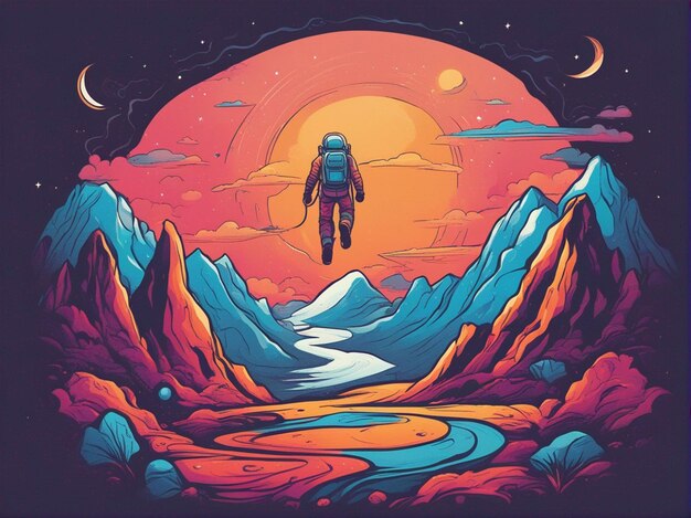Un fond de planète avec un design de T-shirt espace et astronaute