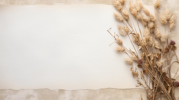 fond plat libre de vieux papier blanc avec de petites décorations de fleurs séchées sur le bord