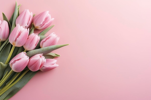 Fond plat rose avec des tulipes dans un coin design féminin Ai généré