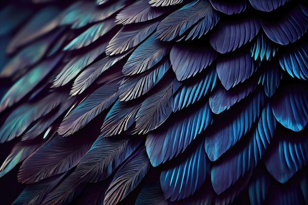 Fond de plumes de couleur bleue Plumage coloré avec une illustration ai générative de teinte arc-en-ciel