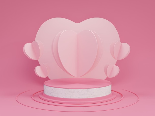 Fond de podium avec 3d réaliste coeur rose boîte cadeau bulle discours pastel romantique