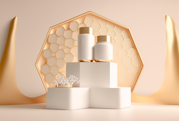 Fond de podium de beauté naturelle affichage de produit cosmétique couleur or et blanc généré par AI