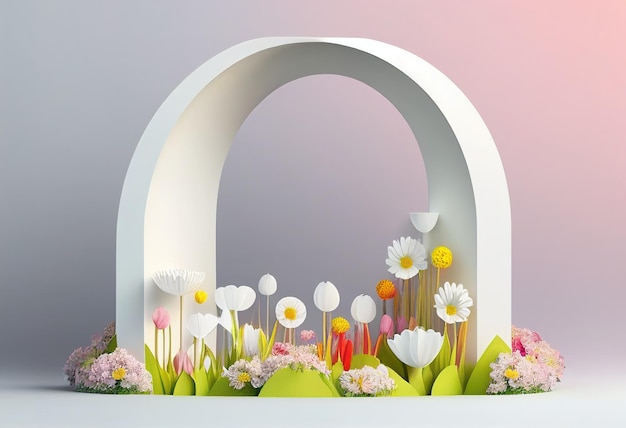 Fond de podium de beauté naturelle blanche avec illustration de fleur de printemps Ai générative