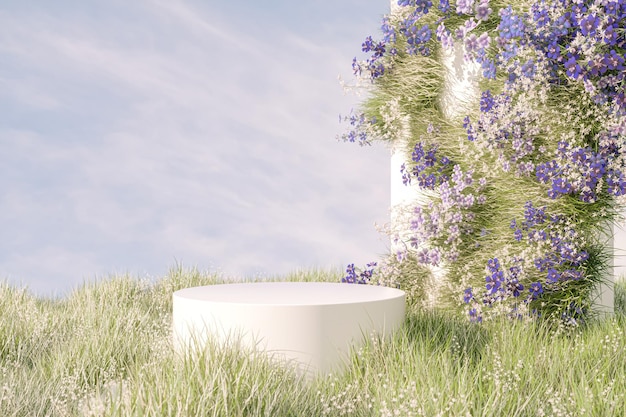 Fond de podium de beauté naturelle avec champ de fleurs printanières.