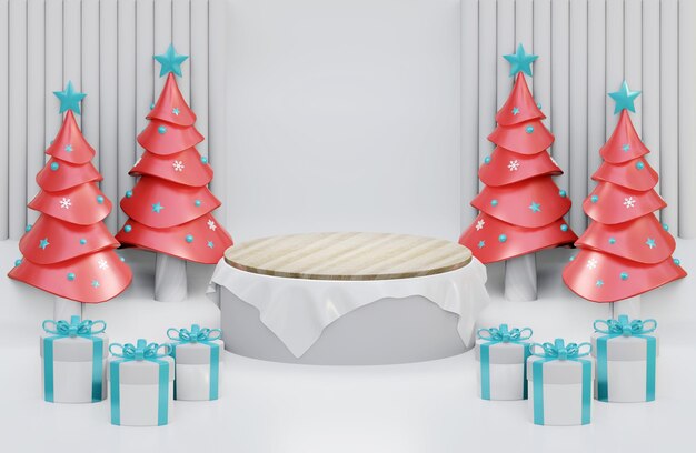 Fond de podium en bois de Noël avec forme géométrique avec pin et coffret cadeau illustration 3D