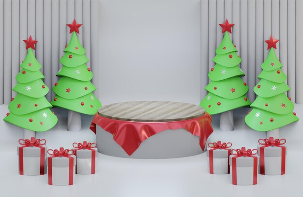 Fond de podium en bois de Noël avec forme géométrique avec pin et coffret cadeau illustration 3D