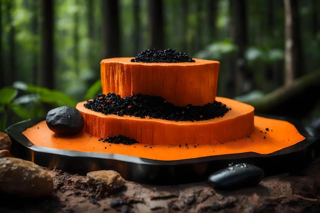 Fond de podium cosmétique de roche orange plat avec tourmaline noire dans les matériaux hyperréalistes de la forêt