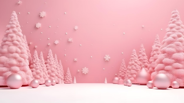 Fond de podium de Noël avec coffrets cadeaux et rendu 3D d'arbre de Noël