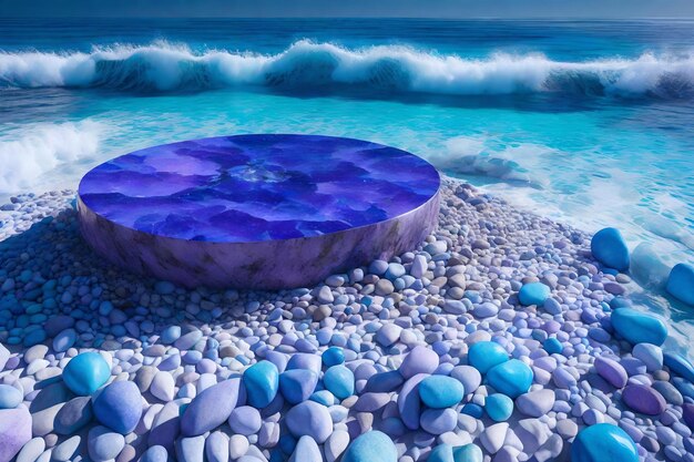 Fond de podium de roche violet rond avec azurite au bord de l'océan ondulé