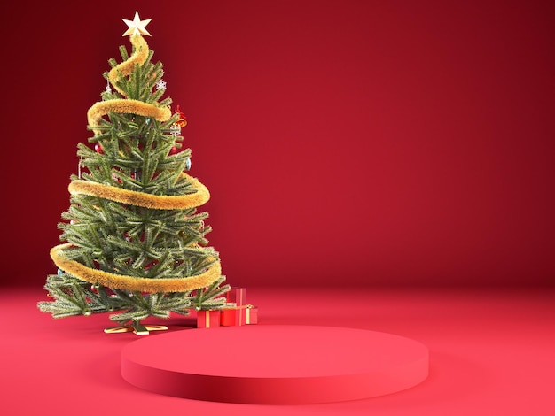 Fond de podium rouge de noël 3d avec arbre de noël pour le concept du nouvel an