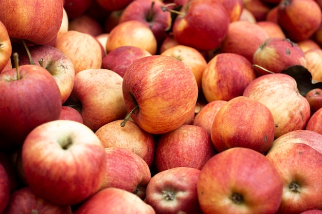 Fond avec des pommes rouges fraîches Vue de dessus mise à plat