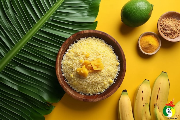 Fond pongal jaune avec un pot de riz