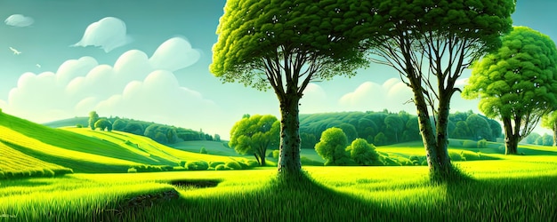 Fond de printemps Arbres de prairie verte Illustration de dessin animé du magnifique paysage de vallée d'été avec ciel bleu vert