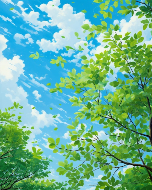 Fond de printemps avec des feuilles vertes et des nuages