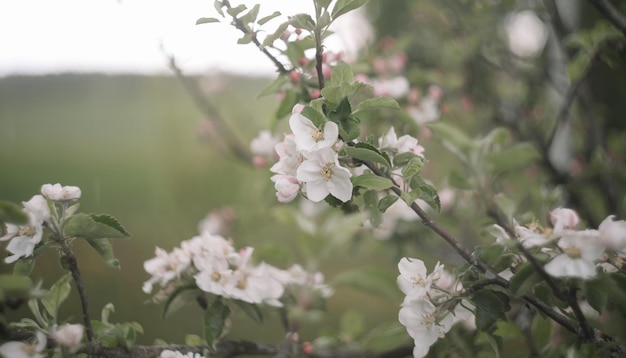 fond de printemps avec des fleurs blanches et des feuilles de pommier