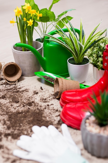 Fond de printemps gros plan d'outils de jardinage et de fleurs en pot sur une table en bois