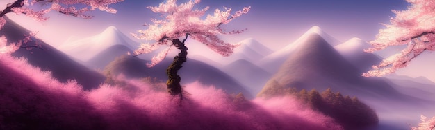 Fond de printemps en style cartoon Magnolia cerise sakura rose et violet en fleur Paysage horizontal asiatique