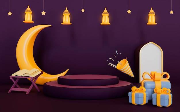 Fond de Ramadan Kareem avec cadeau de lanterne d'étoiles de croissant de lune jaune de podium rond et livre de Coran